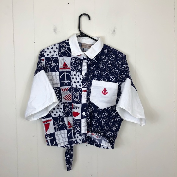 Vintage Nautical Print Button Down Crop Top Sz L - Picture 2 of 9
